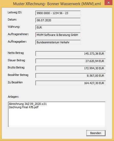 Darstellung einer XRechnung im MWM-Viewer Darstellung einer XRechnung im MWM-Viewer