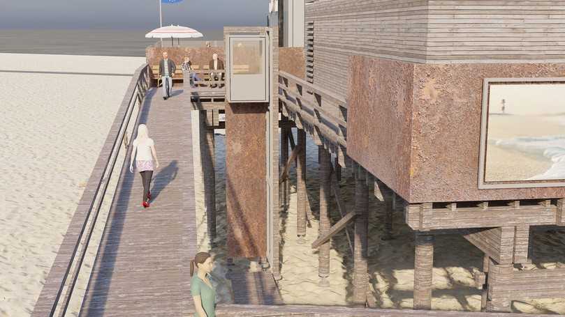Barrierefrei gebaut: Mit dem Plattformaufzug können Rollstuhlfahrer künftig zum Pfahlbaurestaurants der neuen Strandbar 54° Nord gelangen. | Foto: Limbrecht Jensen Rudolph Architekten Barrierefrei gebaut: Mit dem Plattformaufzug können Rollstuhlfahrer künftig zum Pfahlbaurestaurants der neuen Strandbar 54° Nord gelangen. | Foto: Limbrecht Jensen Rudolph Architekten