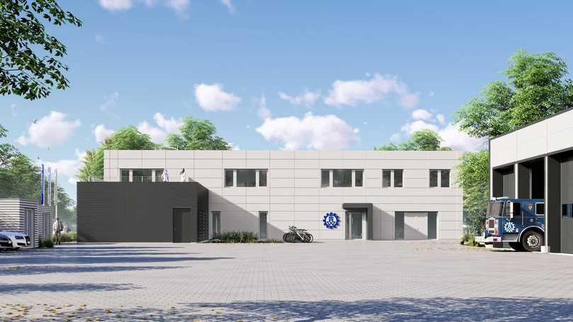 THW-Typ: Das Ortsverbandsgebäude und die Einsatzfahrzeughalle sind über den Hof verbunden. | Foto: Goldbeck GmbH THW-Typ: Das Ortsverbandsgebäude und die Einsatzfahrzeughalle sind über den Hof verbunden. | Foto: Goldbeck GmbH