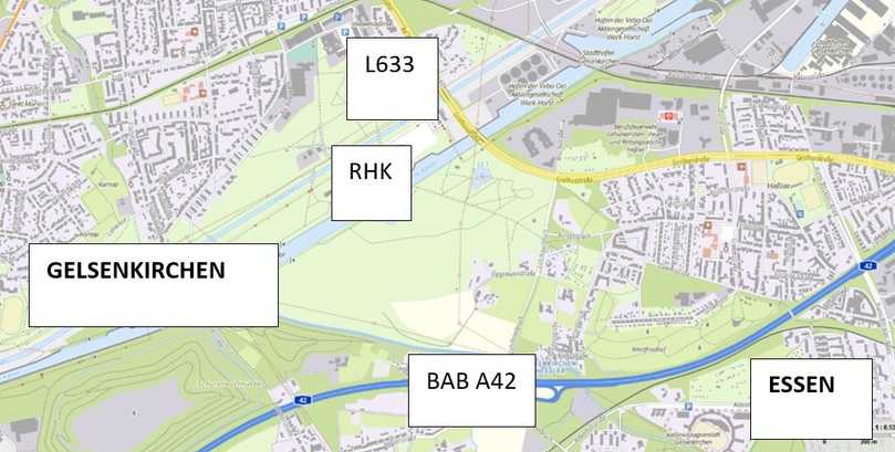 Übersichtskarte zum Projekt mit der A42, der L633 und dem Rhein-Herne-Kanal (RHK) | Foto: De la Motte & Partner GmbH Übersichtskarte zum Projekt mit der A42, der L633 und dem Rhein-Herne-Kanal (RHK) | Foto: De la Motte & Partner GmbH