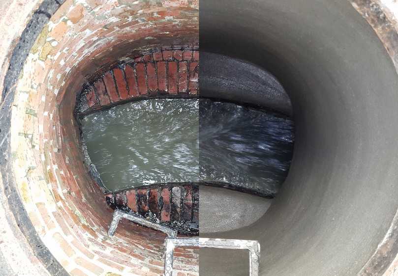 Schachtsanierung mit GeoKrete: vorher (links) und nachher (rechts) | Foto: Vortex Europe GmbH Schachtsanierung mit GeoKrete: vorher (links) und nachher (rechts) | Foto: Vortex Europe GmbH