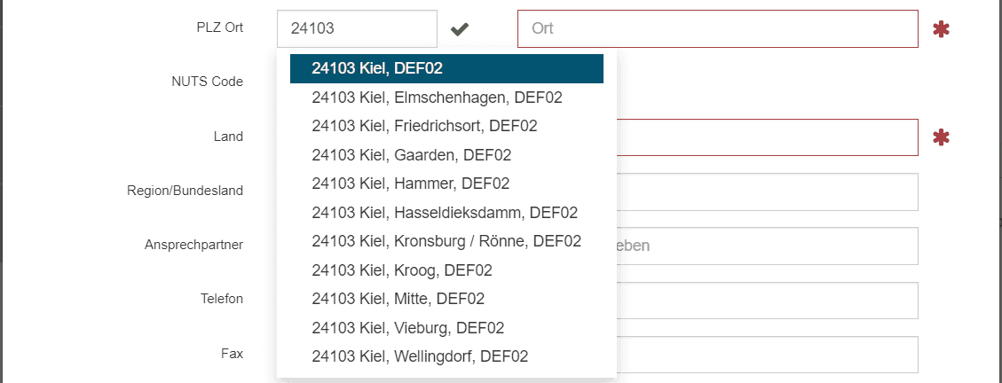 Bild 3: Vorschlagstabelle für den NUTS-Code, hier bei Suche über die PLZ: 24103