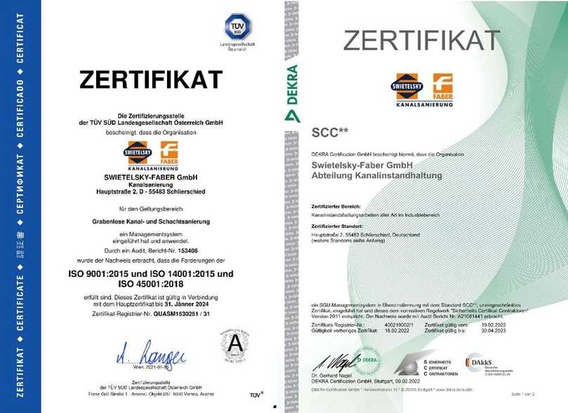 „Die Arbeitssicherheit steht an vorderer Stelle.“ Links: TÜV-Zertifikat, rechts: SCC-Zertifikat. | Foto: Swietelsky-Faber Kanalsanierung „Die Arbeitssicherheit steht an vorderer Stelle.“ Links: TÜV-Zertifikat, rechts: SCC-Zertifikat. | Foto: Swietelsky-Faber Kanalsanierung