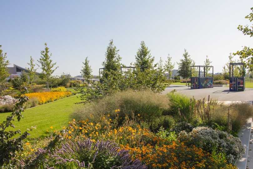 Die Parkterrasse im Zentrum begeistert mit Staudenpflanzungen in Rot-, Orange-, Gelb- und Blautönen. | Foto: Lea Rochus Die Parkterrasse im Zentrum begeistert mit Staudenpflanzungen in Rot-, Orange-, Gelb- und Blautönen. | Foto: Lea Rochus