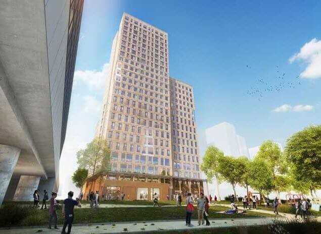 Das „Hoho“ in der Wiener Seestadt Aspern wird 24 Stockwerke hoch und soll noch in diesem Jahr fertig sein. | Grafik: Kerbler Holding GmbH Das „Hoho“ in der Wiener Seestadt Aspern wird 24 Stockwerke hoch und soll noch in diesem Jahr fertig sein. | Grafik: Kerbler Holding GmbH