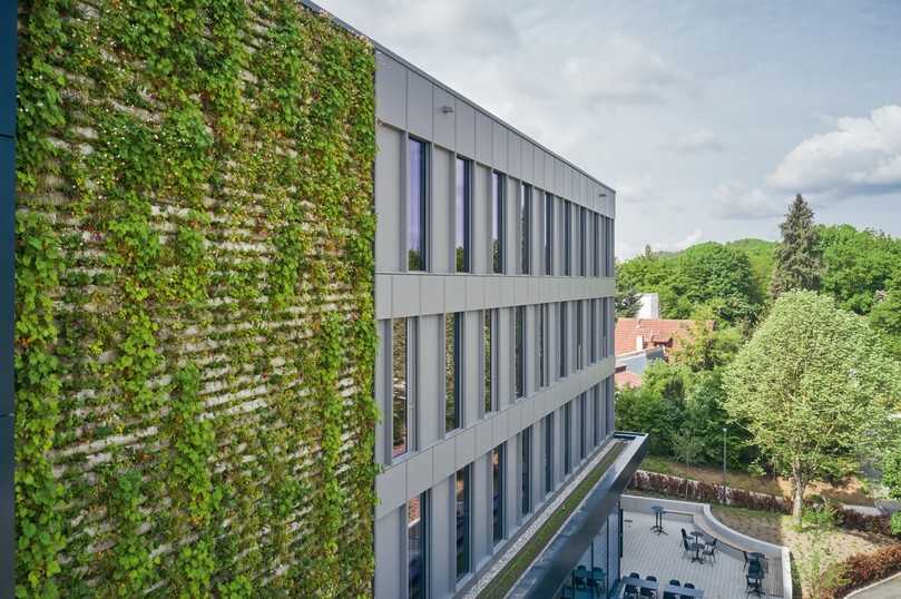 Bei der Grünfassade kommt ein Spezialvlies aus einem Basalt-Glas-Gemisch zum Einsatz, das nicht brennbar ist und den hohen Brandschutzanforderungen genügt. | Foto: Drees & Sommer SE / Jürgen Pollak Bei der Grünfassade kommt ein Spezialvlies aus einem Basalt-Glas-Gemisch zum Einsatz, das nicht brennbar ist und den hohen Brandschutzanforderungen genügt. | Foto: Drees & Sommer SE / Jürgen Pollak