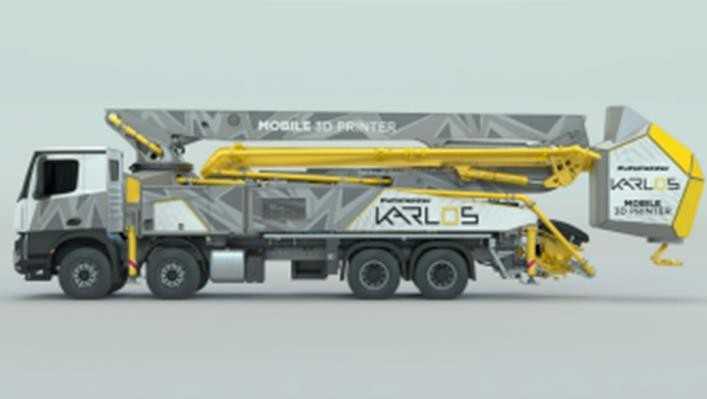 Der mobile Baustellen-Drucker Karlos kann innerhalb kurzer Zeit auf- und abgebaut werden und hat einen Aktionsradius von 30 Metern. | Foto: Putzmeister Der mobile Baustellen-Drucker Karlos kann innerhalb kurzer Zeit auf- und abgebaut werden und hat einen Aktionsradius von 30 Metern. | Foto: Putzmeister