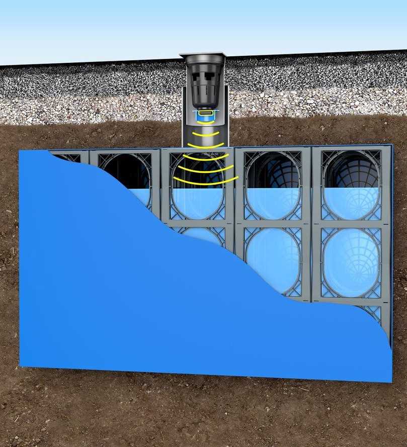 Unter dem Schlammeimer eines Inspektionsblocks ist ein Füllstandssensor angebracht. Er übermittelt den Wasserstand in der KS-Bluebox regelmäßig in Echtzeit an einen Server. | Foto: Funke Kunststoffe GmbH Unter dem Schlammeimer eines Inspektionsblocks ist ein Füllstandssensor angebracht. Er übermittelt den Wasserstand in der KS-Bluebox regelmäßig in Echtzeit an einen Server. | Foto: Funke Kunststoffe GmbH