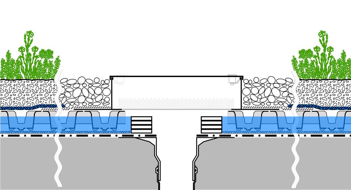 Schemadetail: Ablauf des Retentions-Gründachs „Sponge City Roof" ohne Drosselelement. Steuerbare Anstauscheiben bilden eine acht Zentimeter hohe Barriere für das Wasser, das aus der Substratschicht durch das Aquafleece tropft. Der Ab- und Überlauf wird in einer unterirdischen Regenzisterne gesammelt. | Foto: Zinco