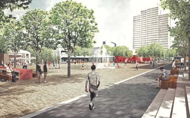 Blick über den Pariser Platz: Geplant wurde ein neues urbanes Wohnzimmer mit Springbrunnen und einem 20 m langen „Tisch der Nationen“. | Abb.: lad+ landschaftsarchitektur/Diekmann Blick über den Pariser Platz: Geplant wurde ein neues urbanes Wohnzimmer mit Springbrunnen und einem 20 m langen „Tisch der Nationen“. | Abb.: lad+ landschaftsarchitektur/Diekmann