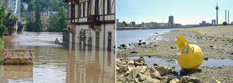Die Wasserwirtschaft muss sich auf veränderte Niederschlagsereignisse einstellen; das erfordert ein angepasstes Wassermanagement der Netzbetreiber. | Foto: iStock / mweirauch; iStock / thomas-bethge Die Wasserwirtschaft muss sich auf veränderte Niederschlagsereignisse einstellen; das erfordert ein angepasstes Wassermanagement der Netzbetreiber. | Foto: iStock / mweirauch; iStock / thomas-bethge