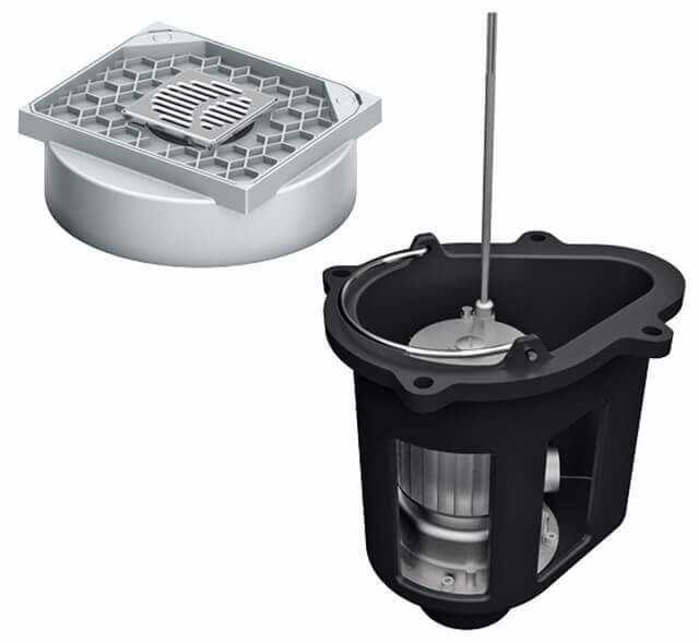 Für die Installation durch den Sanitärfachbetrieb werden das dreh- und höhenverstellbare Aufsatzstück und Elektropaket (Pumpe, Steuergerät, Kabel und Stecker) bereitgestellt. Das Aufsatzstück hat einen vollwertigen Bodenablauf mit Geruchsverschluss. Für die Installation durch den Sanitärfachbetrieb werden das dreh- und höhenverstellbare Aufsatzstück und Elektropaket (Pumpe, Steuergerät, Kabel und Stecker) bereitgestellt. Das Aufsatzstück hat einen vollwertigen Bodenablauf mit Geruchsverschluss.