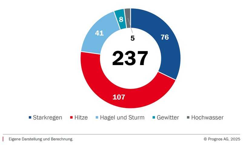 Gesamtinvestitionen bis 2025 bei starkem Klimawandel (untere grenze, in Mrd. Euro): Die Hitze verlangt die meisten Investitionen, noch vor dem Starkregen. | Foto: Prognos AG Gesamtinvestitionen bis 2025 bei starkem Klimawandel (untere grenze, in Mrd. Euro): Die Hitze verlangt die meisten Investitionen, noch vor dem Starkregen. | Foto: Prognos AG