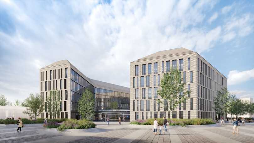 Blick vom Klinikgelände: Bogenförmig angeordnet und mit einem Foyer verbunden bieten die neuen Gebäude über 9.400 Quadratmeter Nutzfläche. | Foto: Henn Blick vom Klinikgelände: Bogenförmig angeordnet und mit einem Foyer verbunden bieten die neuen Gebäude über 9.400 Quadratmeter Nutzfläche. | Foto: Henn