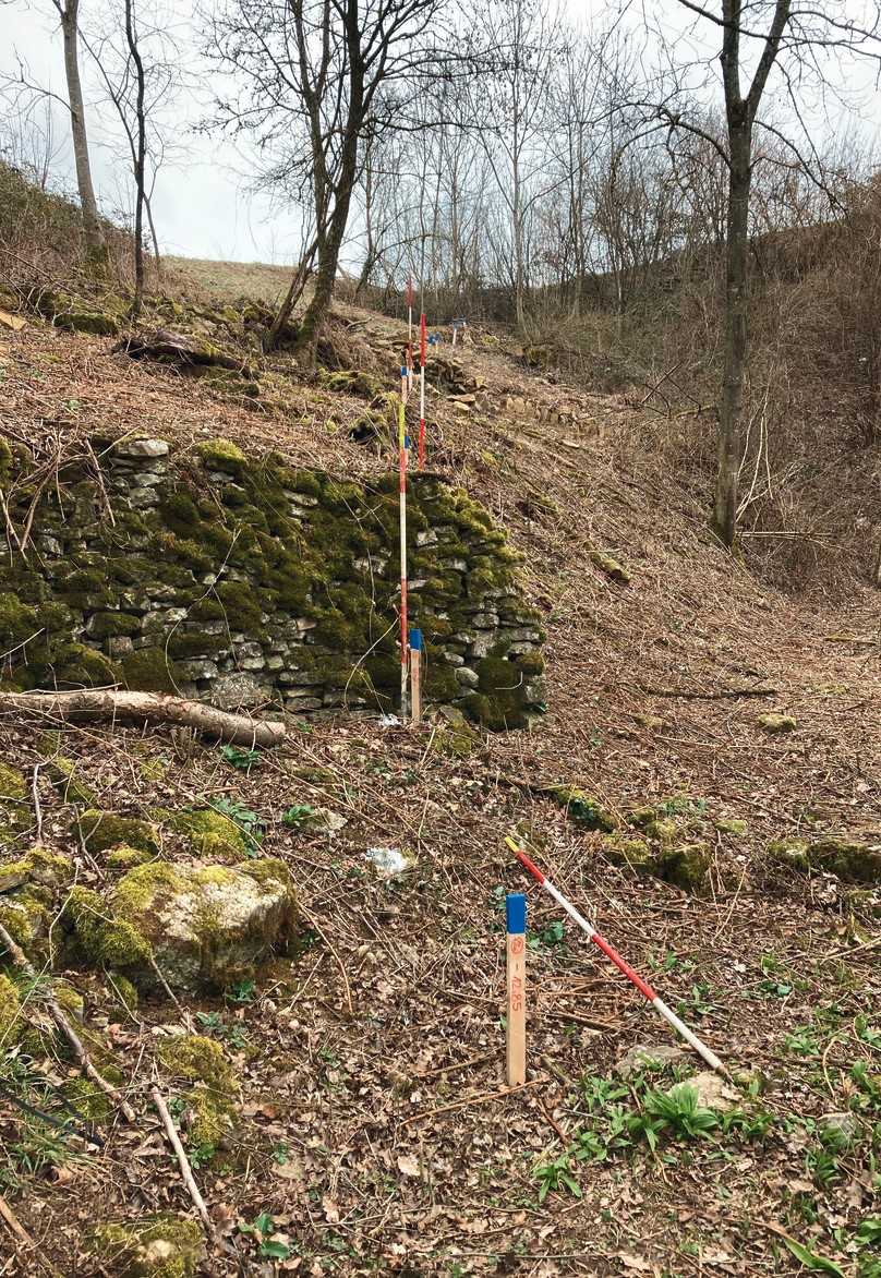 Abgesteckte Bohrtrasse (blaue Pfähle) mit aktuellem Verlauf der Pilotbohrung (rot-weiße Stangen) | Foto: Andreas Huber Abgesteckte Bohrtrasse (blaue Pfähle) mit aktuellem Verlauf der Pilotbohrung (rot-weiße Stangen) | Foto: Andreas Huber