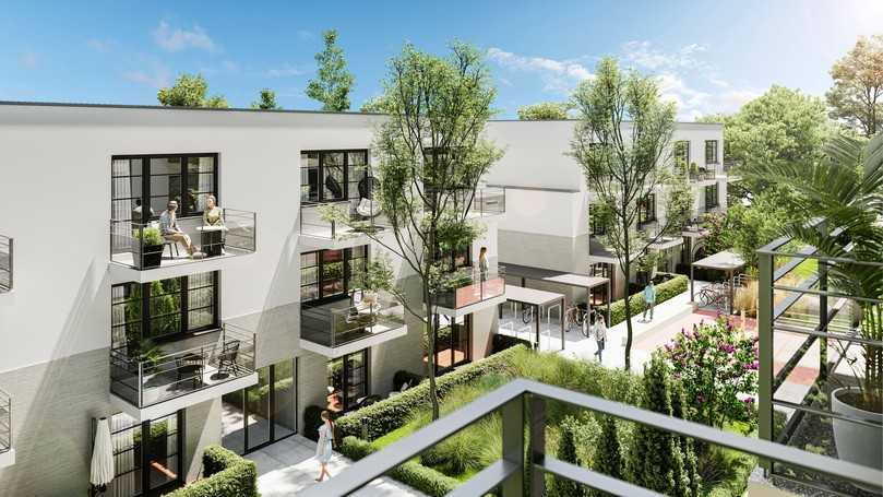 Im Innenhof an der Rückseite entstehen zwei dreigeschossige, hell verputzte Häuser mit je 24 Wohneinheiten. | Foto: Renderopus Im Innenhof an der Rückseite entstehen zwei dreigeschossige, hell verputzte Häuser mit je 24 Wohneinheiten. | Foto: Renderopus