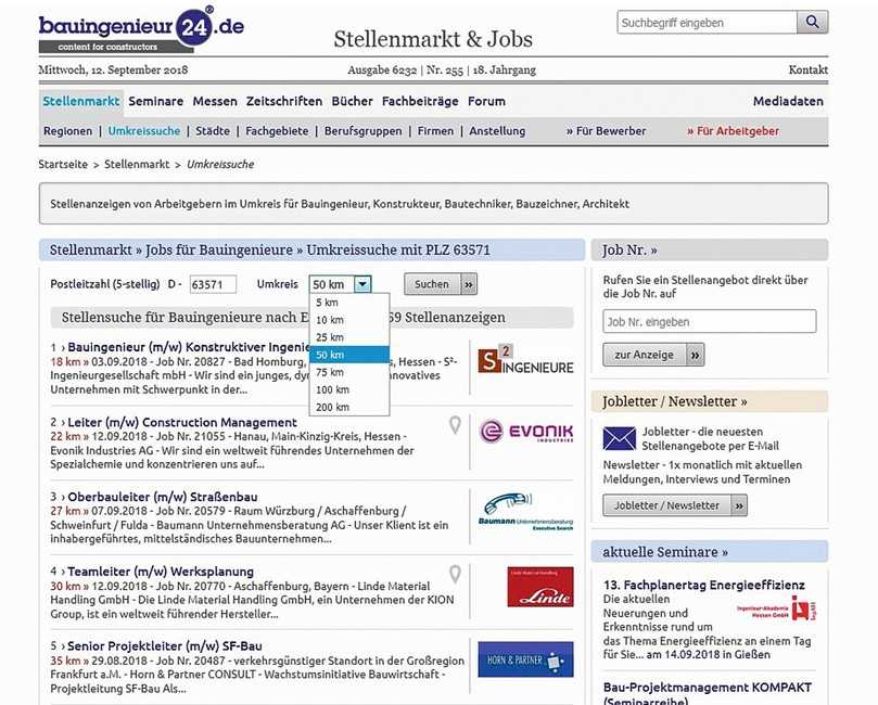 Neu bei bauingenieur24 ist die Umkreissuche: So lassen sich die vielen Stellenanzeigen genauer filtern. Neu bei bauingenieur24 ist die Umkreissuche: So lassen sich die vielen Stellenanzeigen genauer filtern.