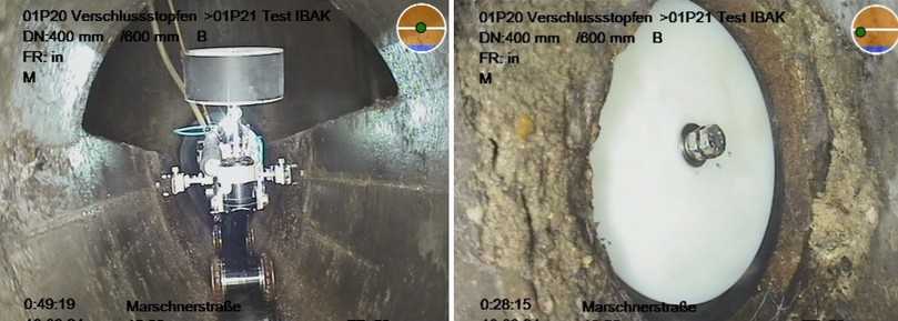 Der Einbau der Verschlussstopfen wurde in Anschlussrohren mit einem Durchmesser von DN 100 bis DN 200 ausgehend von einem Ei-Profil-Hauptkanal DN 400/800 vorgenommen. | Foto: IBAK Der Einbau der Verschlussstopfen wurde in Anschlussrohren mit einem Durchmesser von DN 100 bis DN 200 ausgehend von einem Ei-Profil-Hauptkanal DN 400/800 vorgenommen. | Foto: IBAK