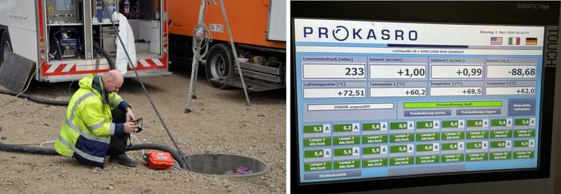 Kontrolle der Härtung: Über Messboxen wurden kabelgebunden Sensoren in den Liner integriert. Auf dem Touchscreen kann man die Innentemperatur, die Zuggeschwindigkeit und die Distanz während der Härtung ablesen. | Foto: B_I/Valdix; Swietelsky-Faber Kontrolle der Härtung: Über Messboxen wurden kabelgebunden Sensoren in den Liner integriert. Auf dem Touchscreen kann man die Innentemperatur, die Zuggeschwindigkeit und die Distanz während der Härtung ablesen. | Foto: B_I/Valdix; Swietelsky-Faber