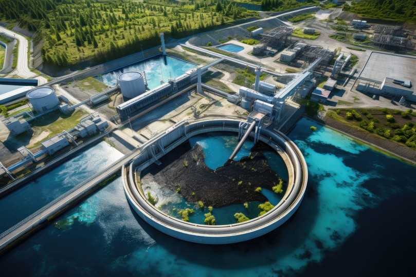 Luftaufnahme einer modernen Kläranlage, erstellt mit generativer KI | Foto: Bentley Systems Luftaufnahme einer modernen Kläranlage, erstellt mit generativer KI | Foto: Bentley Systems