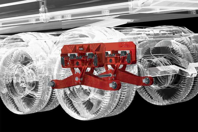 Das Röntgenbild zeigt die Ultimaax-Federung mit Elastomer-Federkegel und vertikalen Scherfedern im Fahrzeug. | Foto: Hendrickson Das Röntgenbild zeigt die Ultimaax-Federung mit Elastomer-Federkegel und vertikalen Scherfedern im Fahrzeug. | Foto: Hendrickson