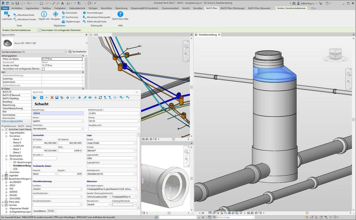 BaSYS Plan Interface für Revit: 3D-Detaildarstellung Schacht mit BaSYS-Info der Stammdaten und Revit Eigenschaften, 3D-Abbildung aller Fachbereiche, Vorlage zur Rohrdetaildarstellung | Foto: Barthauer Software
