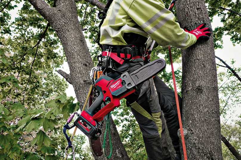 Zwei Befestigungspunkte für Sicherungstechnik ermöglichen eine ergonomische Fixierung und einen schnellen Zugang zum Werkzeug bei Arbeiten in Baumkronen oder auf Leitern und Gerüsten. | Foto: Milwaukee Zwei Befestigungspunkte für Sicherungstechnik ermöglichen eine ergonomische Fixierung und einen schnellen Zugang zum Werkzeug bei Arbeiten in Baumkronen oder auf Leitern und Gerüsten. | Foto: Milwaukee