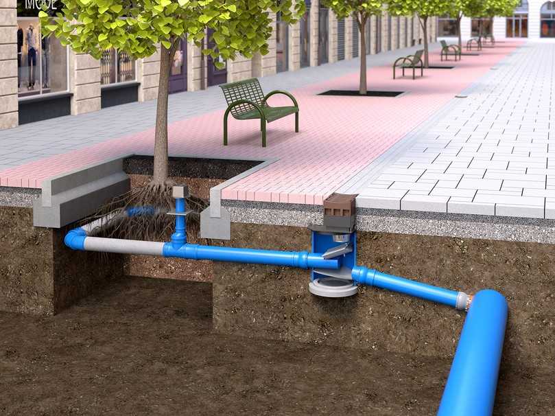 Der untere Anschluss des Bewa-Ablaufs ist mit dem Regenwasserkanal verbunden, der obere Anschluss leitet das gesammelte Oberflächenwasser zum Baumstandort. | Foto: Funke Kunststoffe GmbH Der untere Anschluss des Bewa-Ablaufs ist mit dem Regenwasserkanal verbunden, der obere Anschluss leitet das gesammelte Oberflächenwasser zum Baumstandort. | Foto: Funke Kunststoffe GmbH