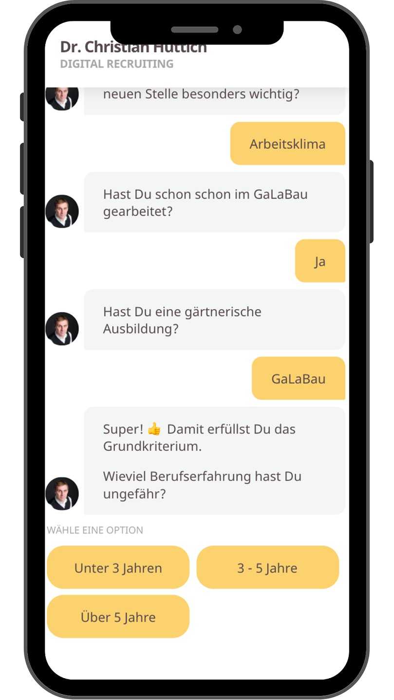 Bei der Dr. Christian Hüttich Consulting wird ein kurzer Chat als digitaler Bewerbungsassistent genutzt. | Foto: Dr. Christian Hüttich Consulting Bei der Dr. Christian Hüttich Consulting wird ein kurzer Chat als digitaler Bewerbungsassistent genutzt. | Foto: Dr. Christian Hüttich Consulting