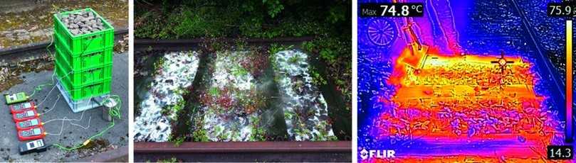 Versuchsdarstellung zur Temperaturmessung in verschiedenen Schottertiefen (links), Gleisversuch zu den Verfahren Frosten (Mitte) sowie Heißwasser (rechts). | Foto: RWTH Aachen University; Projekt „Entwicklung eines Alternativverfahrens zur Vegetationskontrolle auf Gleisanlagen“ Versuchsdarstellung zur Temperaturmessung in verschiedenen Schottertiefen (links), Gleisversuch zu den Verfahren Frosten (Mitte) sowie Heißwasser (rechts). | Foto: RWTH Aachen University; Projekt „Entwicklung eines Alternativverfahrens zur Vegetationskontrolle auf Gleisanlagen“