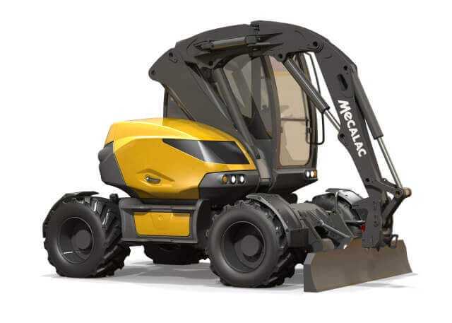 Mecalac hält herkömmliche Mobilbagger für verbesserungswürdig. Für die Designstudie MWR haben die Franzosen daher Anleihen beim Teleskoplader gemacht und zum Beispiel den Schwerpunkt niedriger gesetzt. | Foto: Mecalac