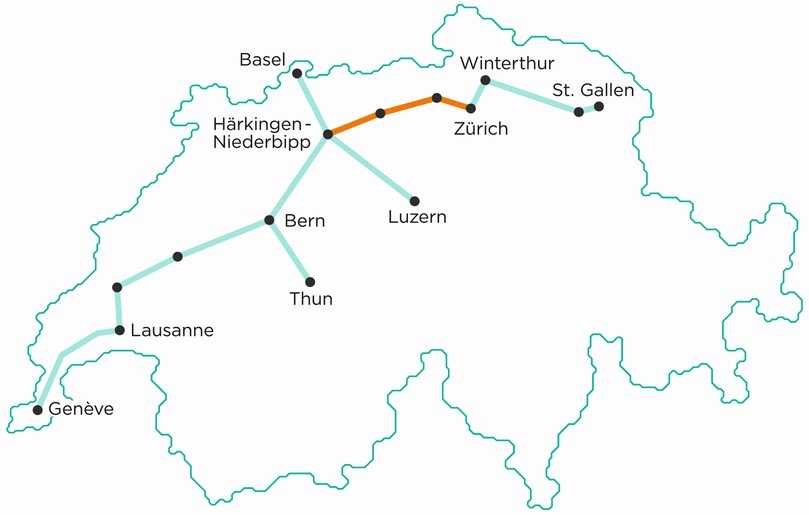Bis 2045 soll in der Schweiz mit dem CST ein 450 Kilometer langes Tunnelsystem zum unterirdischen Warentransport entstehen. In Orange die erste Teilstrecke von Härkingen-Niederbipp nach Zürich. | Foto: Cargo sous terrain AG Bis 2045 soll in der Schweiz mit dem CST ein 450 Kilometer langes Tunnelsystem zum unterirdischen Warentransport entstehen. In Orange die erste Teilstrecke von Härkingen-Niederbipp nach Zürich. | Foto: Cargo sous terrain AG